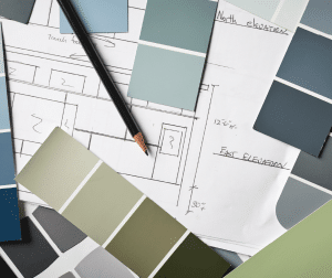 Painting design services including color swatches, floorplans, and a pencil.